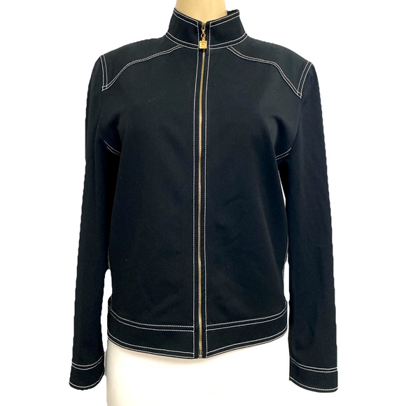 St John Sport Jacket Black Front Zip Stretch Cotton Gold tone Logo M Vintage - Picture 1 of 9